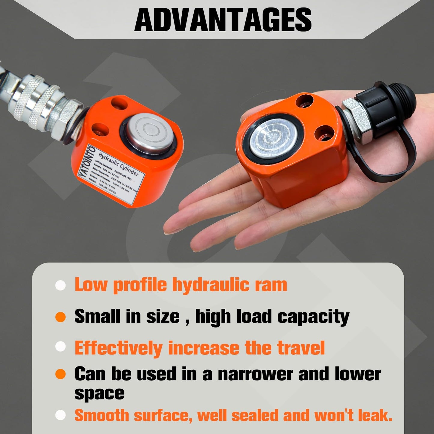 YATOINTO 10 Ton Low Profile Hydraulic Cylinder Jack Porta Power Ram 0.43" Stroke Hydraulic Jack for Short Distance Lifting & Leveling(Orange-Red)