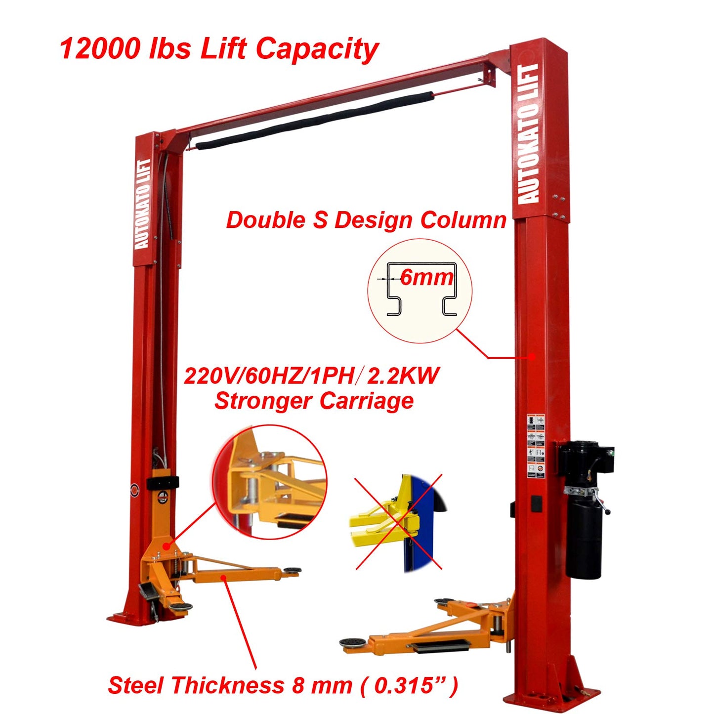 KATOOL AUTOKATO AK-M120 Two Post Lift 12000 lbs Clearfloor Car Lift, 220V/60Hz/1PH, Home Garage Auto Lift Equipment