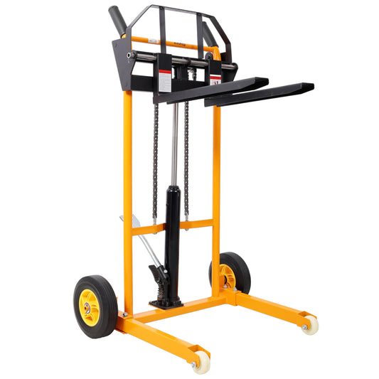 Hydraulic Manual Forklift Pallet Stacker Forks 440 lbs Load Capacity Steel Material with Swivel Casters Rear Rubber Tires 30" x 26" x 49.25"H Heavy Duty Dolly Hand Truck Transporter Yellow