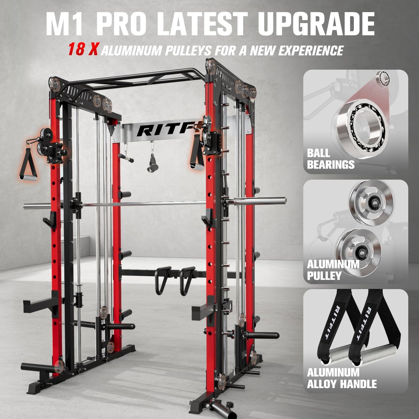 RitFit M1 Pro SmithMachine with Cable Crossover System, Multi-Function Squat Rack Power Cage for Home Gym, Power Rack and Packages Red（bp370 Package）