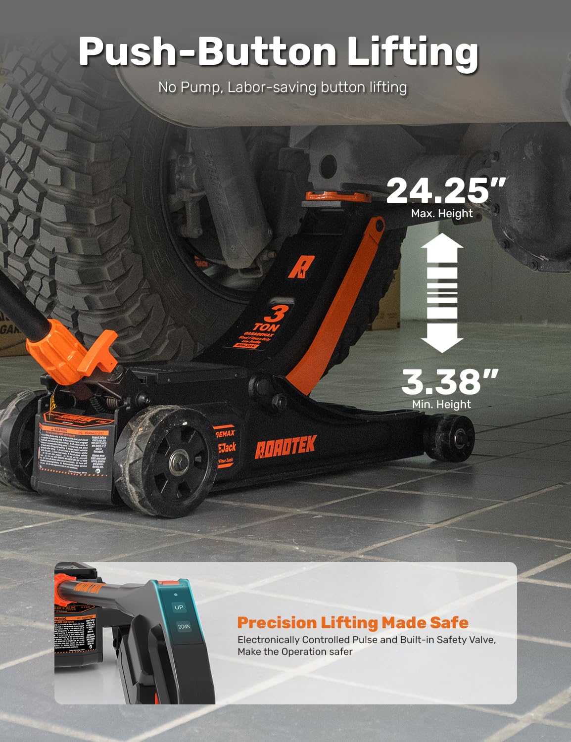 ROADTEK 3 Ton Electric Floor Jack, Low Profile Jack for Quickly Car Lift, Hydraulic Service Jack, 6000 lbs Capacity. Lifting Range 3-3/8" to 24-1/4"