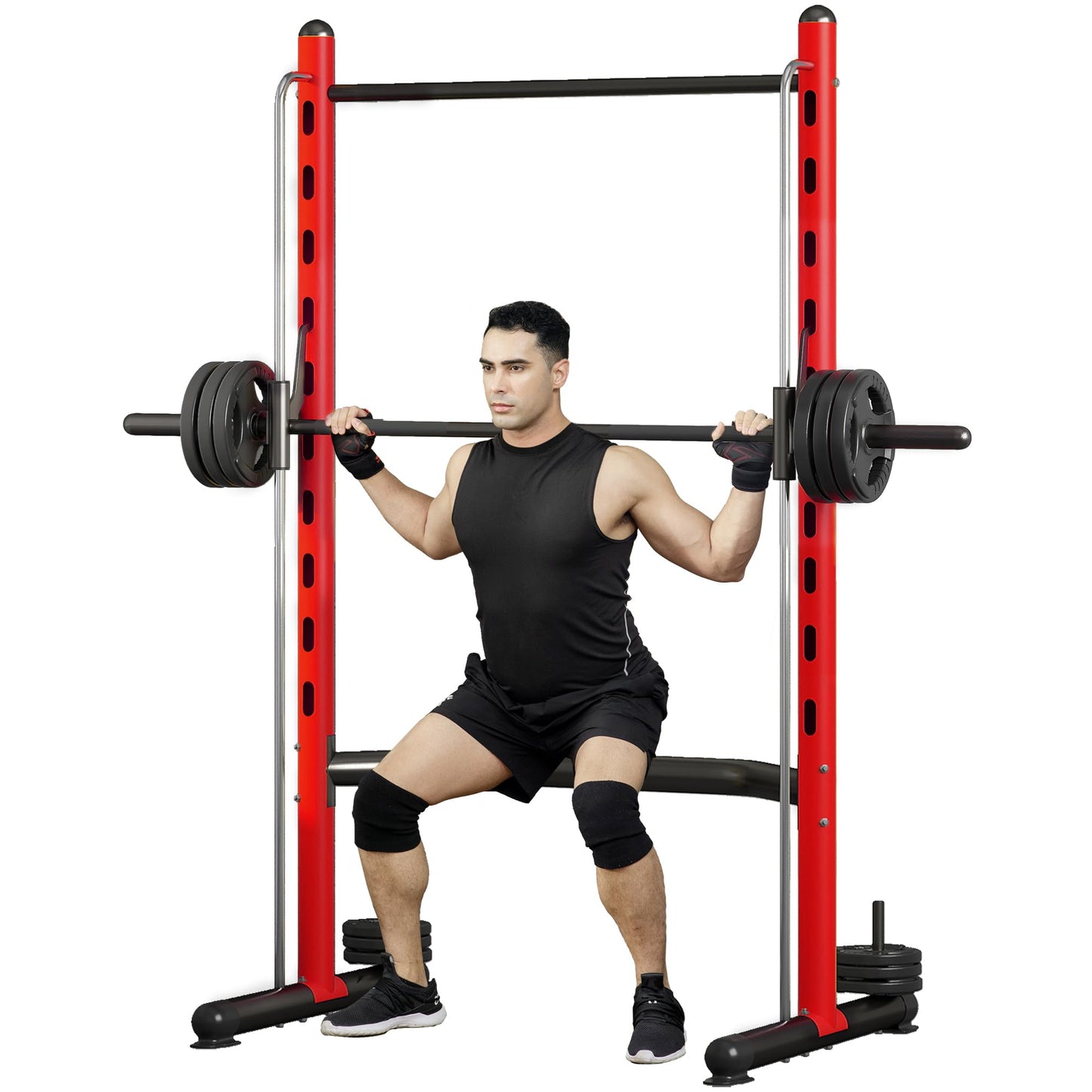 Soozier Squat Rack with Pull-Up Bar, Adjustable Power Rack with Barbell Bar, Multi-Functional Steel Bench Press Rack for Home Gym Strength Training, Black, Red