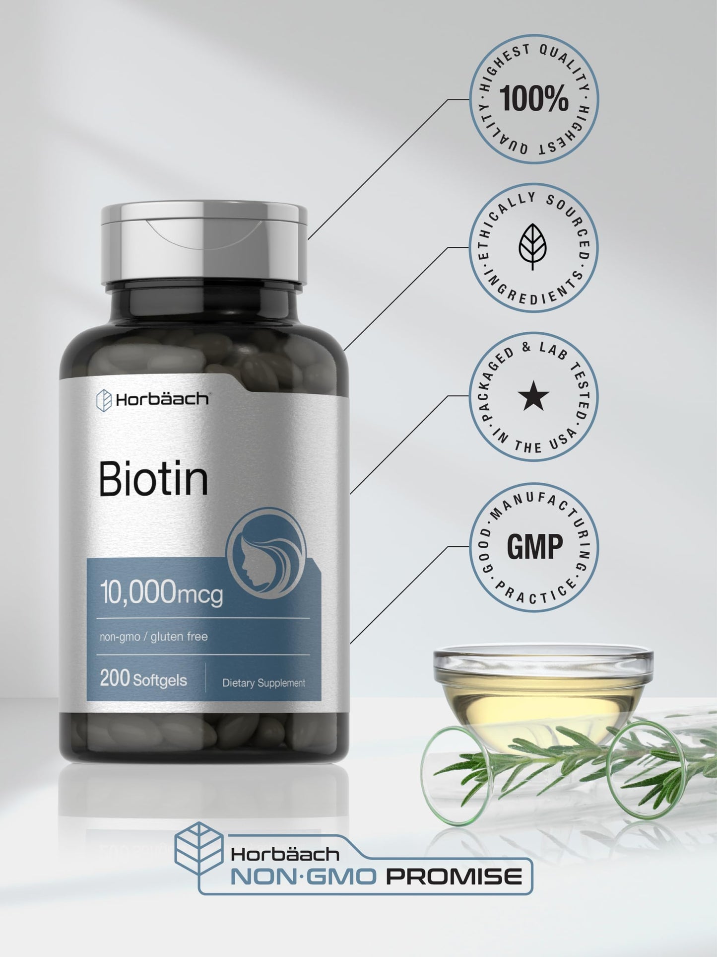 Horbaach Biotin 10000 mcg | 200 Softgels with Vitamin B7 | Beauty Formula Supplement | Non-GMO & Gluten Free