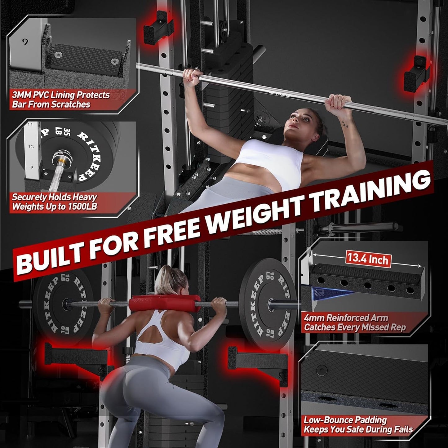 RitKeep PMAX-5600 Heavy-Duty Smith Machine Squat Rack with 400 LB Weight Stacks, 6-in-1 Multi-Function Home Gym System, Dual Cable Crossover and 2000 LB Capacity for Full-Body Strength Training