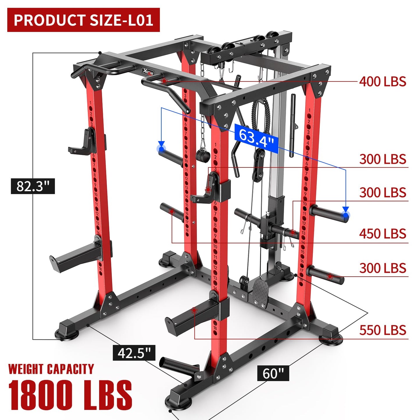 Power Rack Power Cage Multi-Function Squat Rack with Cable Crossover System Selectable More Training Attachment Power Rack for Garage & Home Gym (Red, A Set L01 Power Cage)