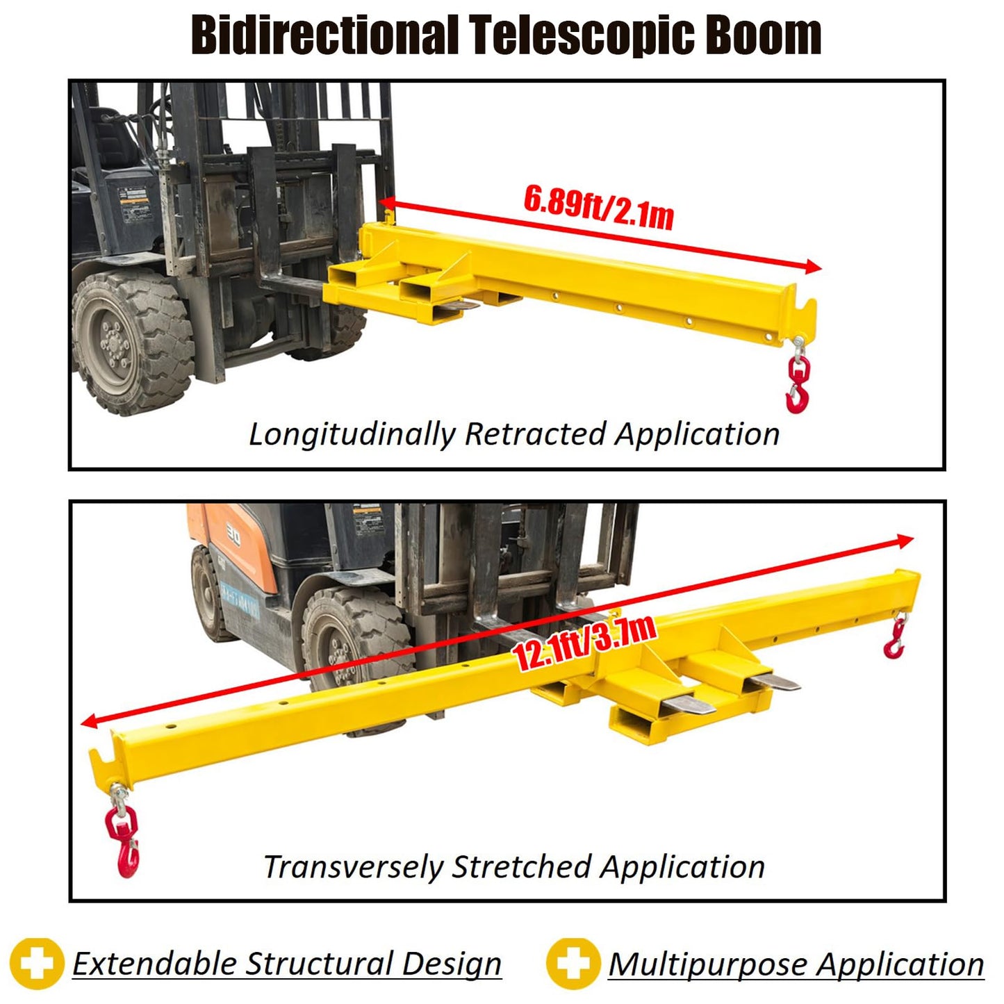 INTSUPERMAI Forklift Mobile Crane 4400lbs/2 Ton Capacity Adjustable Forklift Jib Boom Crane with Horizontally & Vertically Directions Telescopic Arm with Truss Hoist Jib Boom and Hooks