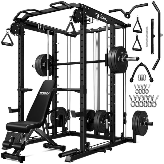 Goimu S1-V4 Smith Machine, 2000LBS Power Cage with Cable Crossover System, All-in-One Squat Rack with Smith Bar, Strength Training Equipment for Hone Gym (Black Smith Machine wiht 340lb Weights)