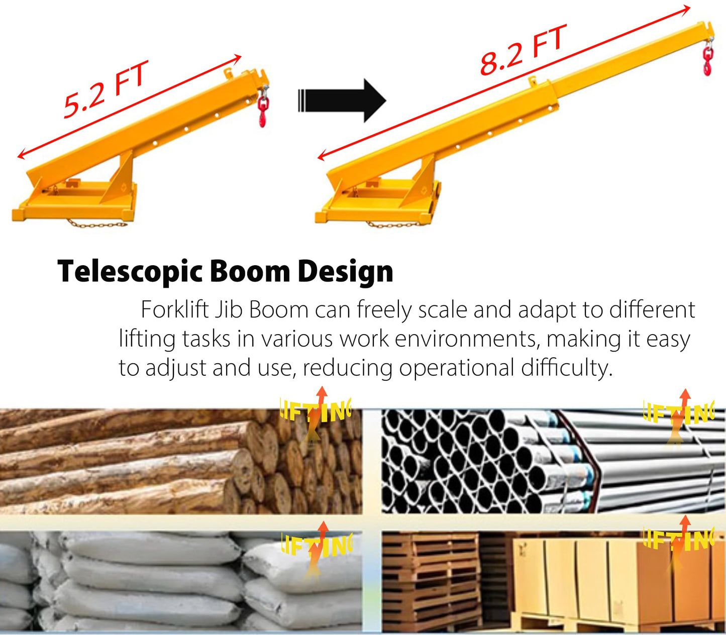 IntXanth Telescopic Forklift Jib Boom, Lifting Boom for Forklift, Adjustable Forklift Mounted Jib Boom, Extend Up to 8.2', Lift Capacity to 3T (6600lbs), Forklift Crane Attachment