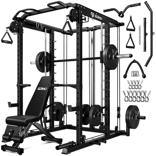 Goimu S1-V4 Smith Machine, 2000LBS Power Cage with Cable Crossover System, All-in-One Squat Rack with Smith Bar, Strength Training Equipment for Hone Gym (Black Smith Machine wiht 210lb Weights)