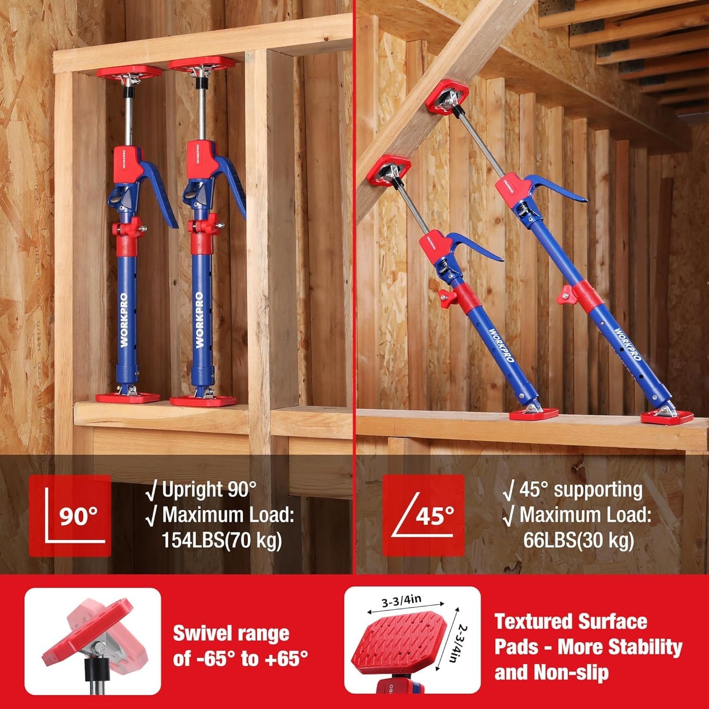WORKPRO Cabinet Jack Support Pole, 18.5" to 29.5" Steel Telescopic Quick Support Rod Adjustable 3rd Hand Support System with 154 lbs Capacity for Cabinet Jack, Drywall Jack& Cargo Bars, 4-Pack