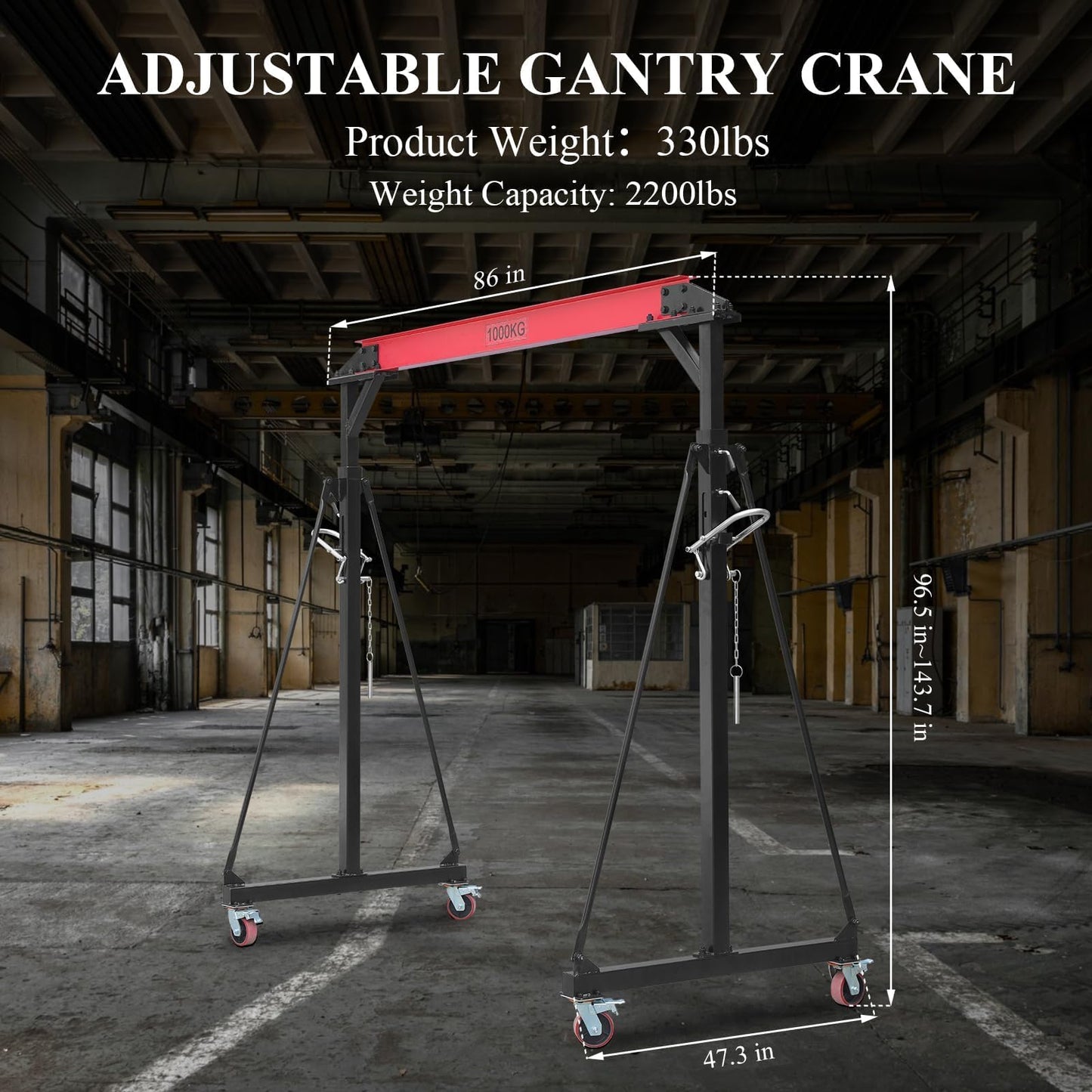 Adjustable Gantry Crane 2200 LBS MAX, Shop Lift Hoist with 360° Locking Wheels & Adjustable Height (96.5"-143.7") for Workshop, Garage, Factory, Warehouse
