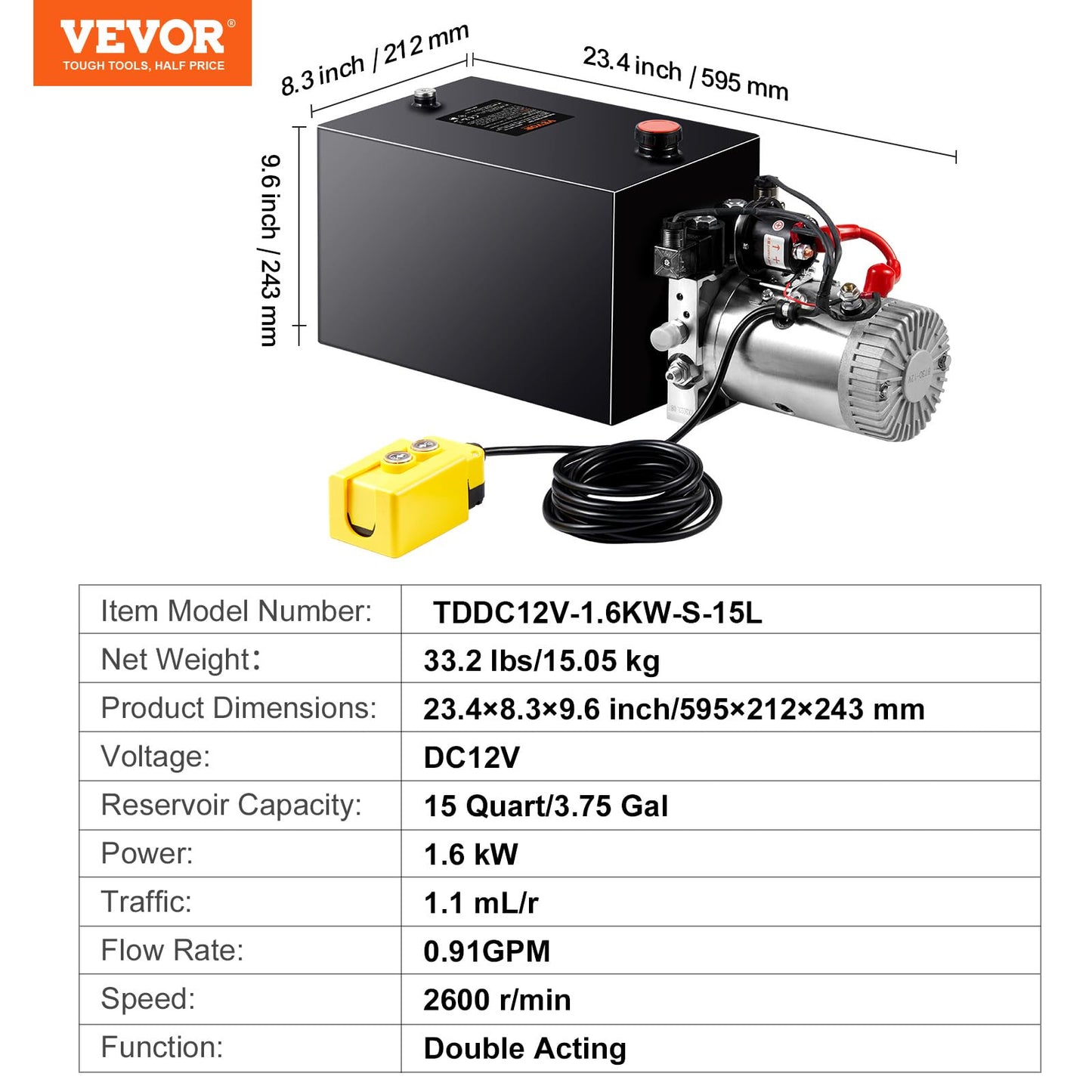 Vevor 12V/DC Hydraulic Pump 15 Quart/ 3.9 Gallon Double Acting Metal Reservoir Hydraulic Pump Unit Remotely Controlled for Dump Trailer: Industrial & Scientific