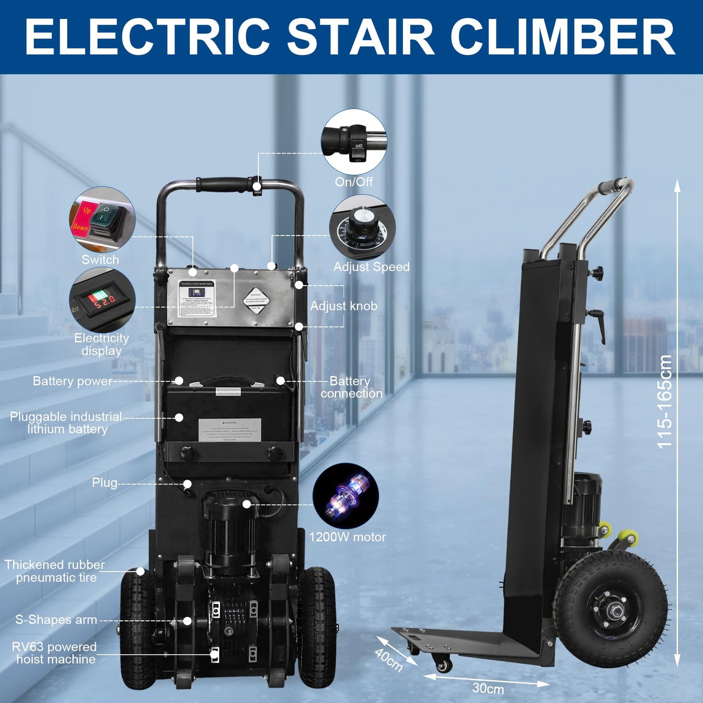 W-JIAJIEBTH Electric Stair Climbing Hand Trucks, 1200W Powered Electric Stair Climbing Hand Trucks Dolly Cart for Moving, 880lb Capacity Heavy Duty Stair Climber (Black), LJ4-A035