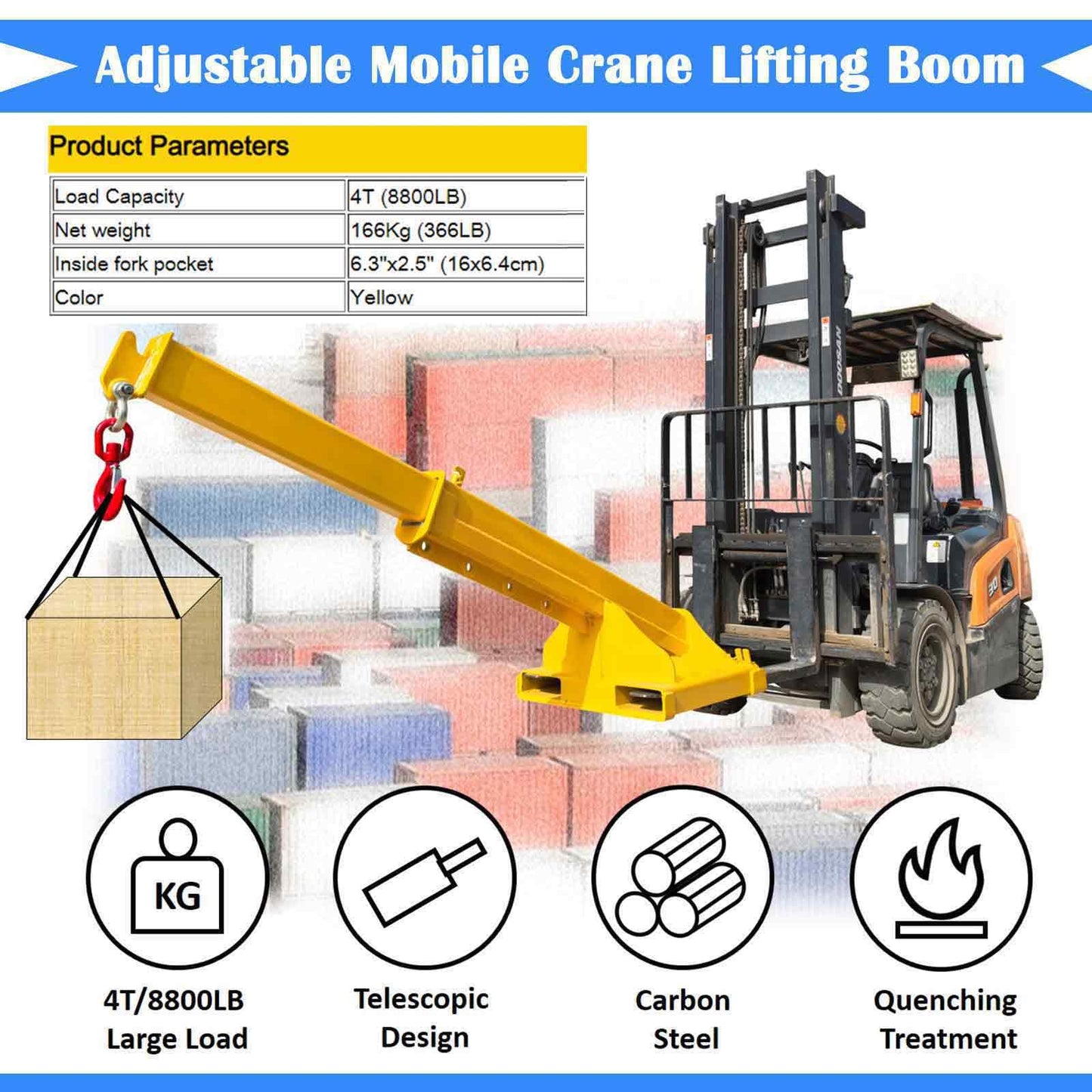 BEILOCKERY Adjustable Forklift Jib Boom Crane with Telescopic Arm, 8800 lbs Heavy Duty Mobile Crane, Includes Truss Hoist and Hook for Industrial Lifting and Towing, Max Reach 94.5 Inches