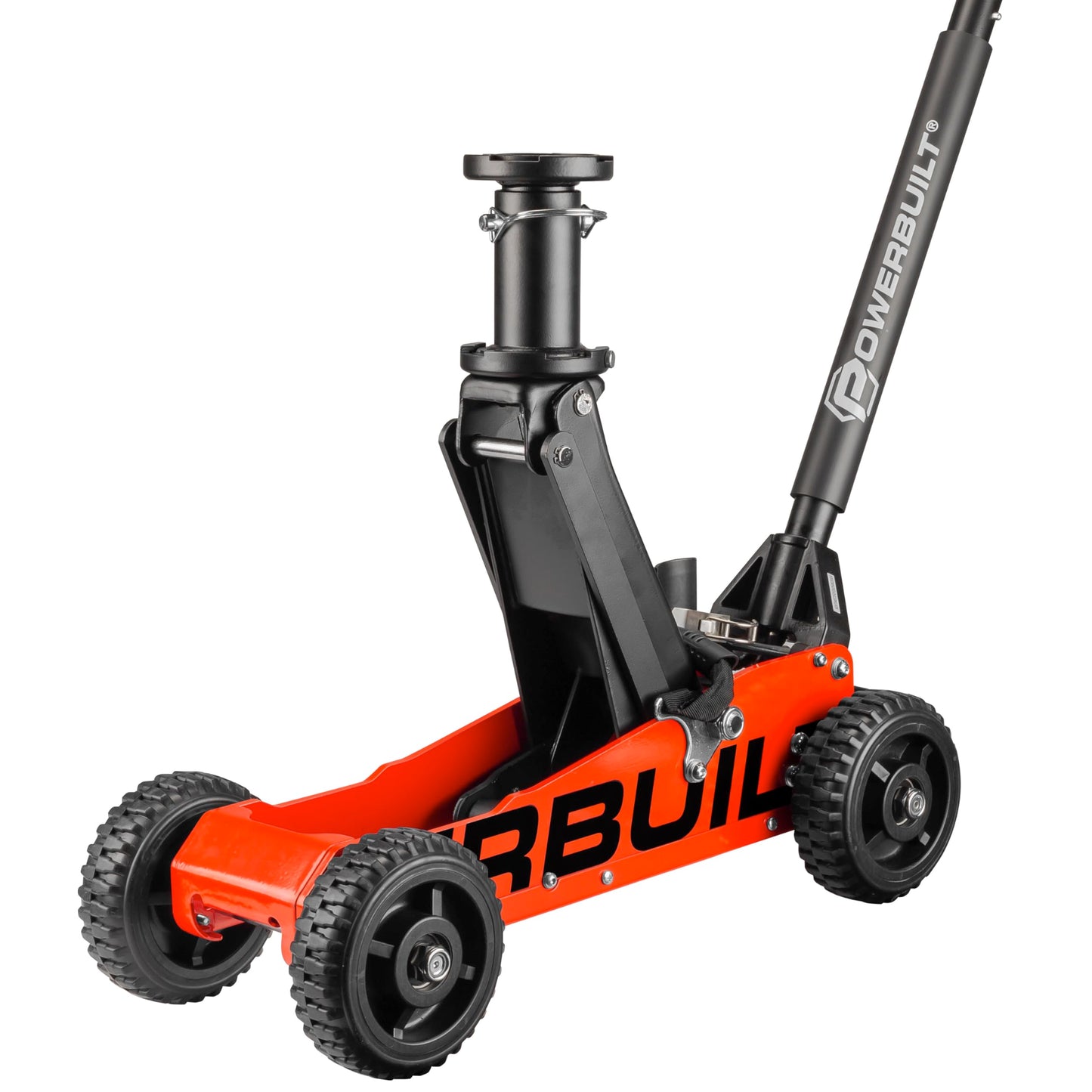 Powerbuilt 1.5 Ton Big Wheel Off Road Jack, Vehicle Lift for Trucks, SUVs, ATVs Offroad Vehicles, Oversized Wheels for Rugged Terrain, 3000 LB Capacity, Orange 620704ECE