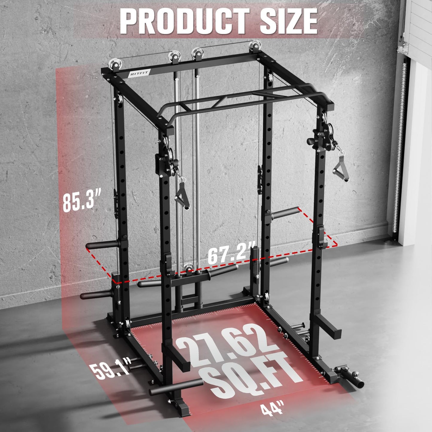 RitFit Squat Rack Power Cage Home Gym Package, Includes 1200LBS Power Rack with Cable Crossover System, Weight Bench, Weight Plate Set with Olympic Barbell (Package 1.7K (Bumper Plate 230LBS))-Black