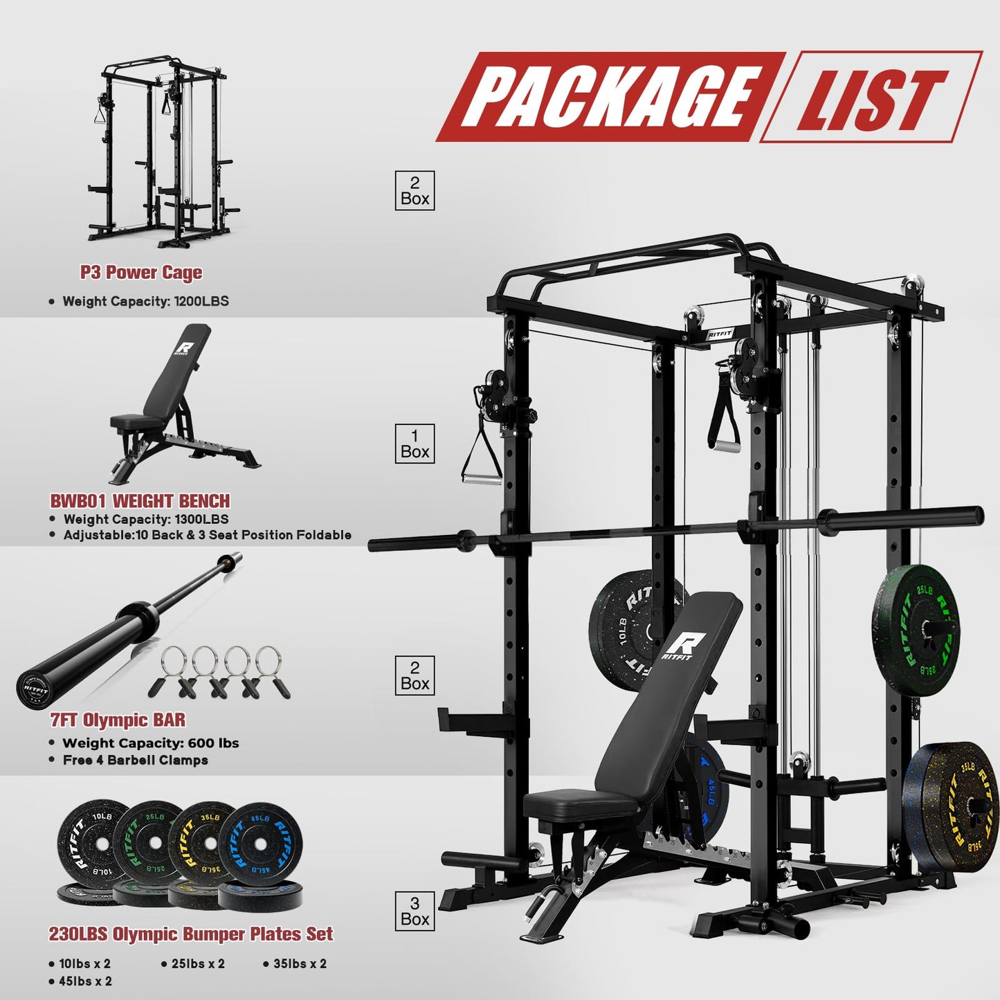 RitFit Squat Rack Power Cage Home Gym Package, Includes 1200LBS Power Rack with Cable Crossover System, Weight Bench, Weight Plate Set with Olympic Barbell (Package 1.7K (Bumper Plate 230LBS))-Black