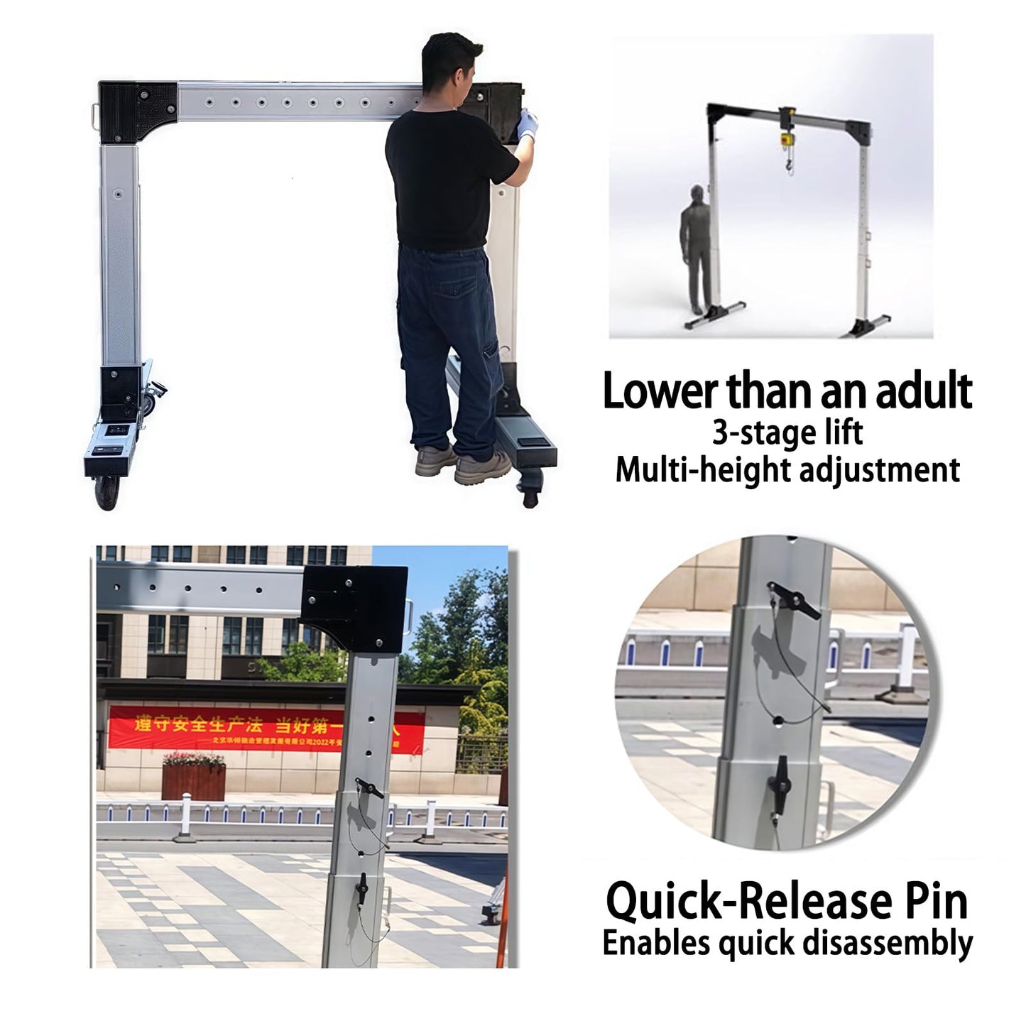 Portable Aluminum Gantry Crane 500KG/1100LBS Capacity Low Ceiling Car Lift with Adjustable Height 4.9-9.5FT & Width 5.3-7.5FT Shop Lift Hoist for Tight Spaces Difficult Terrain & Garage
