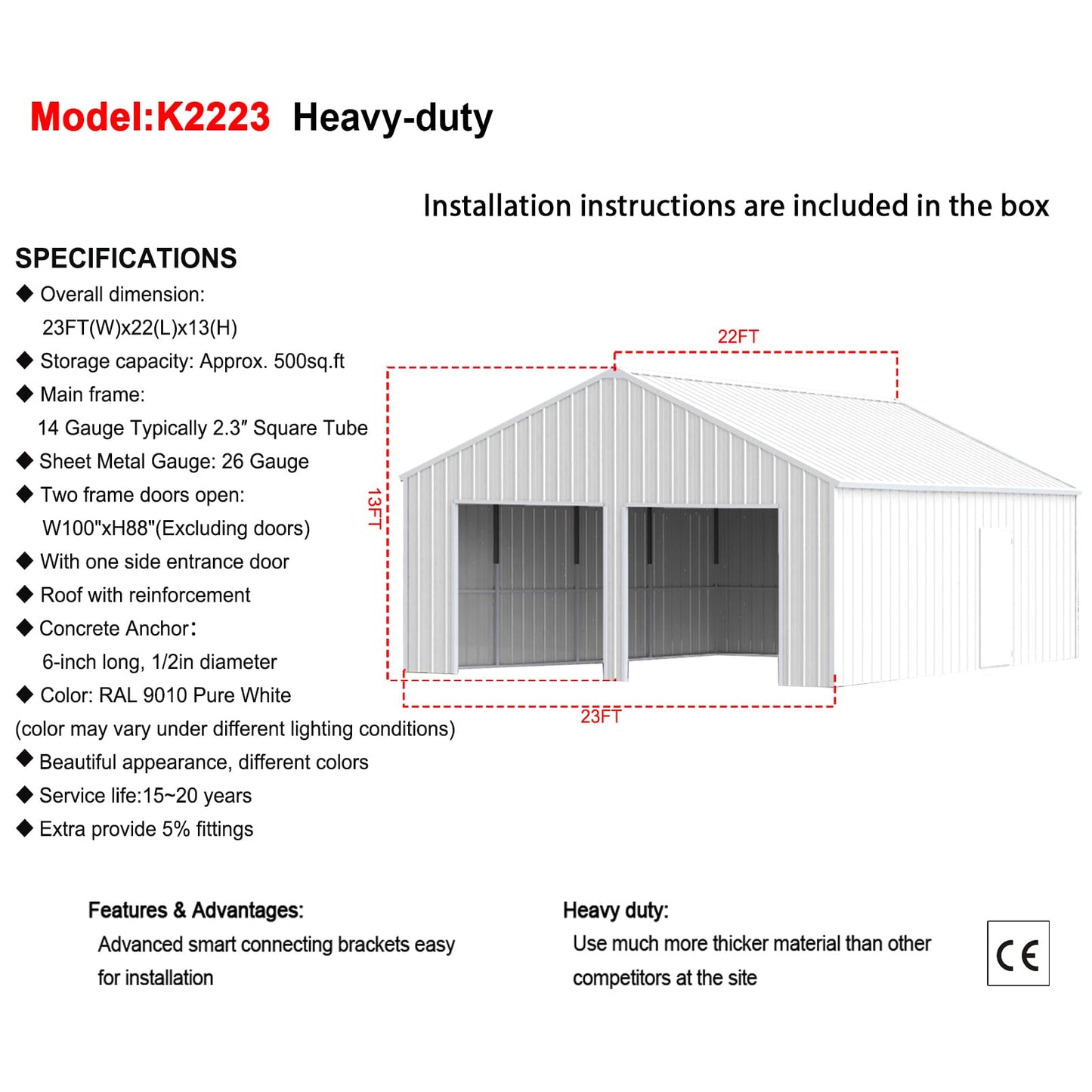 22FT x 23 FT Double Garage Steel Barn Shed – Cream Heavy Duty Metal Garage Storage Shed - The Customer Must Have unloading Capabilities, Such as a Forklift or Crane