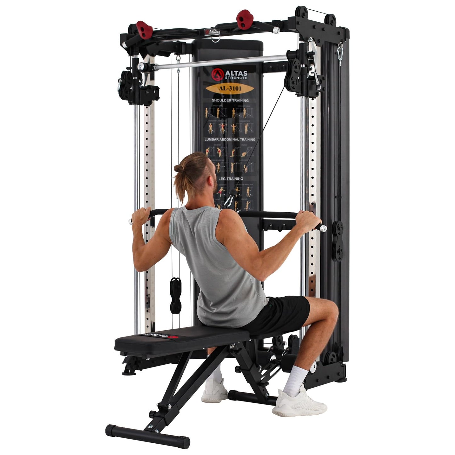 Altas Strength Folding Home Gym Smith Machine with Pulley System Gym Squat Rack Weight Bar Upper Body Strength Training Leg Developer Commercial Fitness Equipment Included Accessories 3101