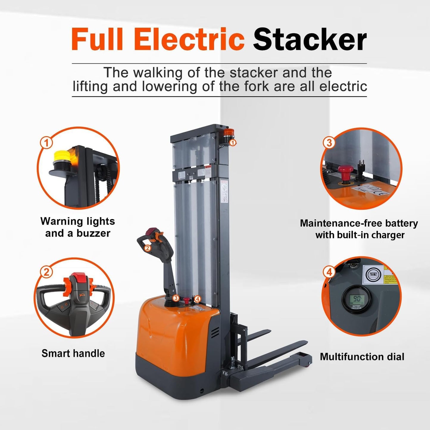 Tory Carrier Full Electric Pallet Stacker 3300 lb. Capacity 130'' Lift Height Walkie Forklift with Adjustable Forks and Legs, Material Lift with Gel Battery Suitable for Narrow Spaces