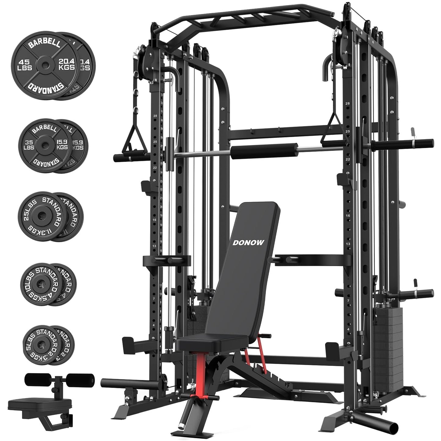 DONOW Smith Machine with Weight Stacks, Power Cage Home Gym System with LAT Pulldown Cable Crossover Multi-Functional Trainer with Dual Pulley System with Weight Bench Cast Iron Weight Plates 240lbs