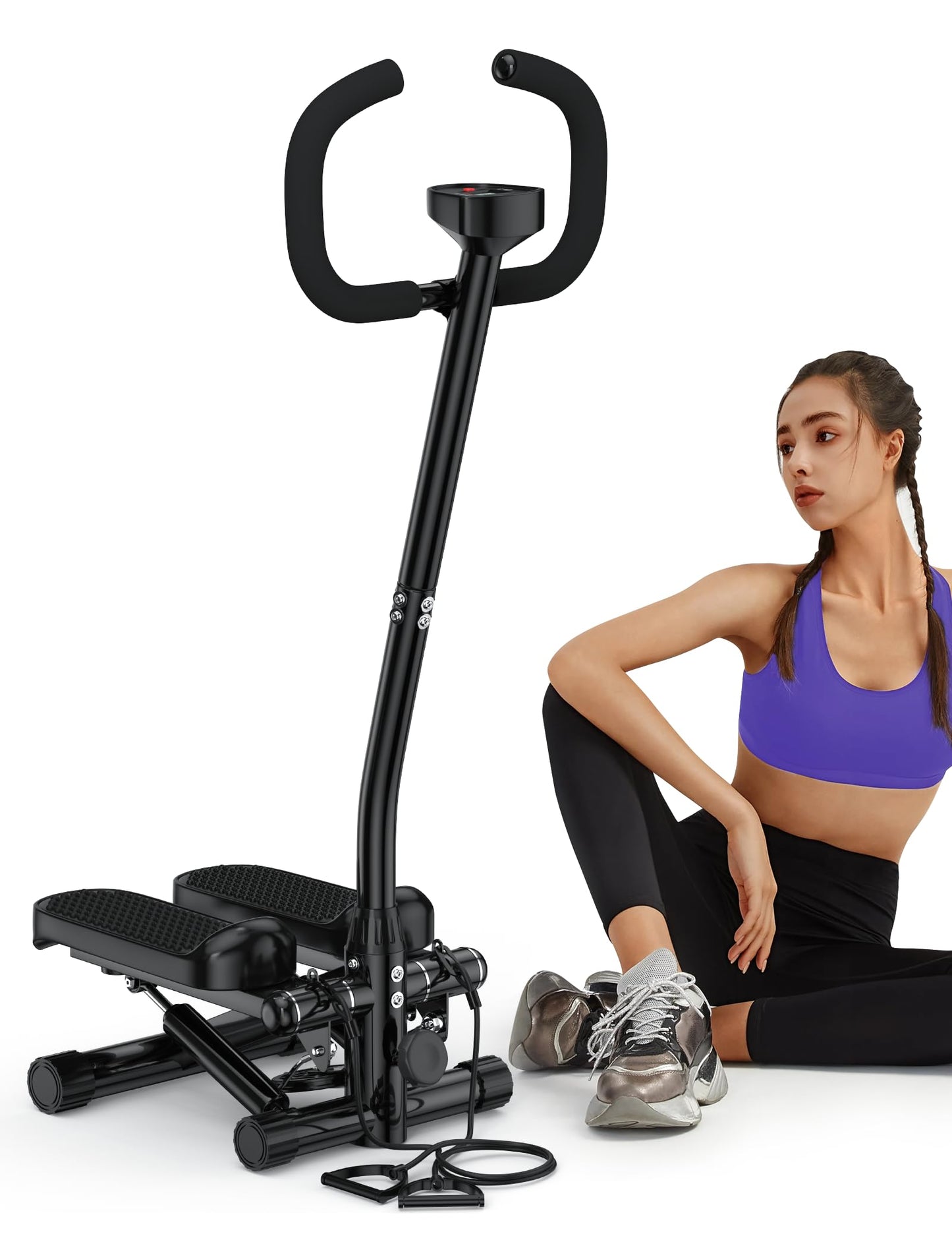 Amicus Mini Stepper with Handlebar, Stair Steppers with Resistance Band, Hydraulic Fitness Stepper with Floor Mat LED Monitor Machine for Home, 330lbs Weight Capacity, Charcoal Black