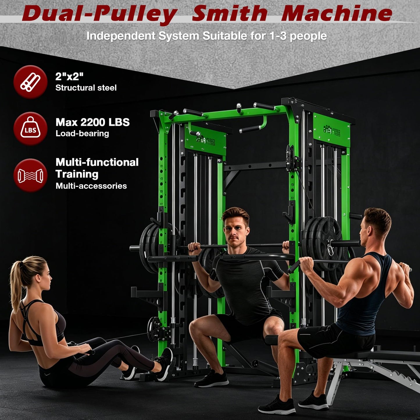 ONNO Smith Machine, 2200lbs Squat Rack with LAT-Pull Down & Cable Crossover System, Multi-Function Power Cage for Home Gym with Leg Hold-Down Attachment, Green