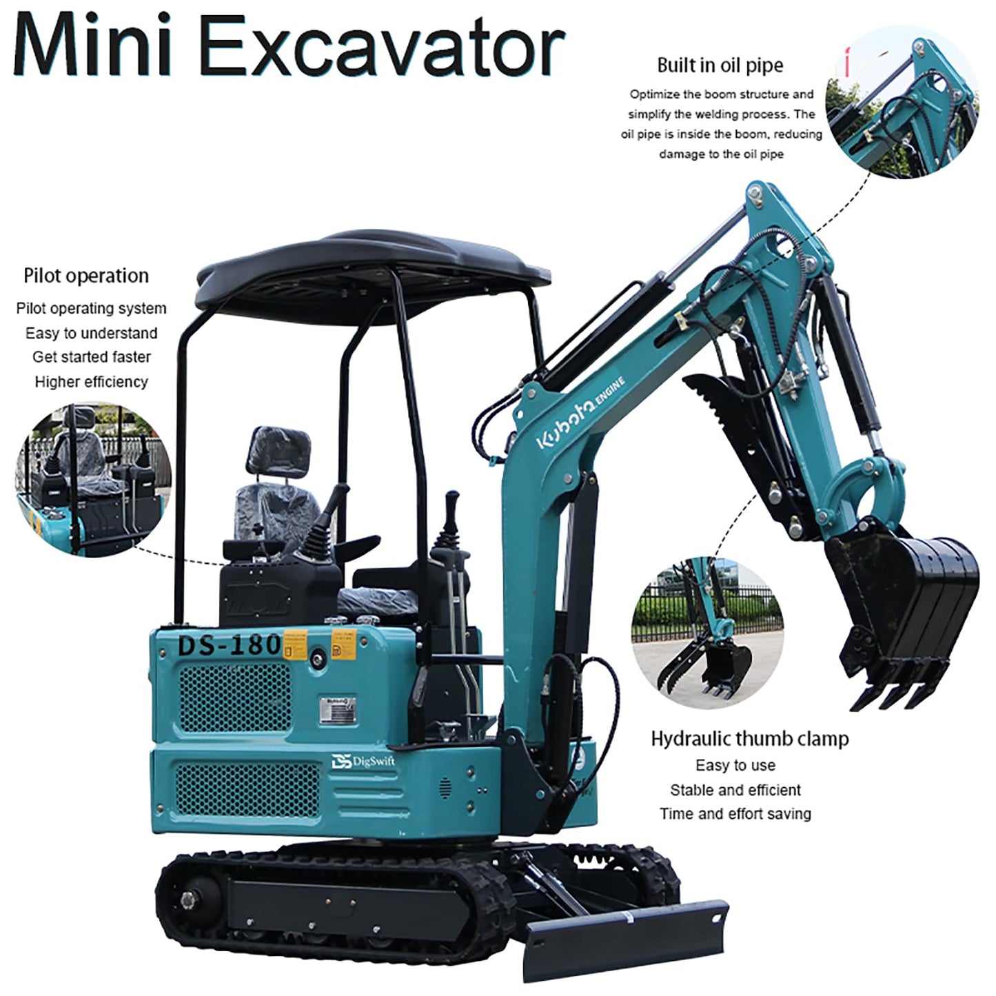DigSwift DS-180, 1.8 Ton Diesel Mini Excavator with EPA Certified KubotaEngine, Pilot Control System, Hydraulic Thumb clamp，Bucket, US in Stock, Include 12 Months Parts Replacement Service