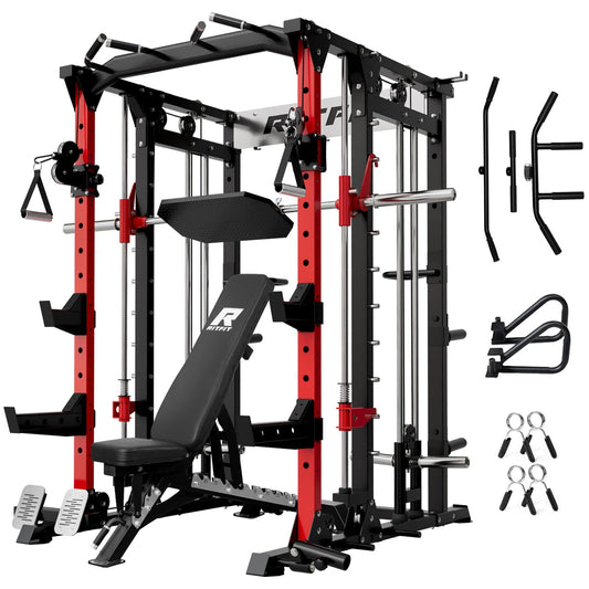 RitFit Buffalo Smith Machine, Power cage with LAT-Pull Down System & Cable Crossover System, All-in-One Squat Rack for Home Gym, Power Rack