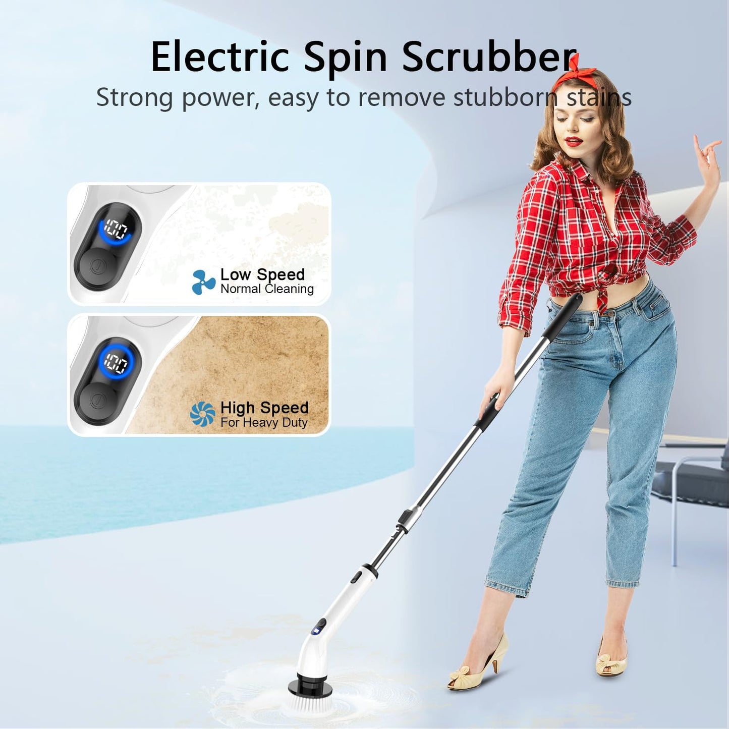 TUYU Electric Spin Scrubber, Full-Body IPX7 Waterproof Bathroom Scrubber with Power LCD Display, 8 Replacement Head, Adjustable Extension Handle, Cordless Shower Cleaner Brush for Bathtub Cleaning