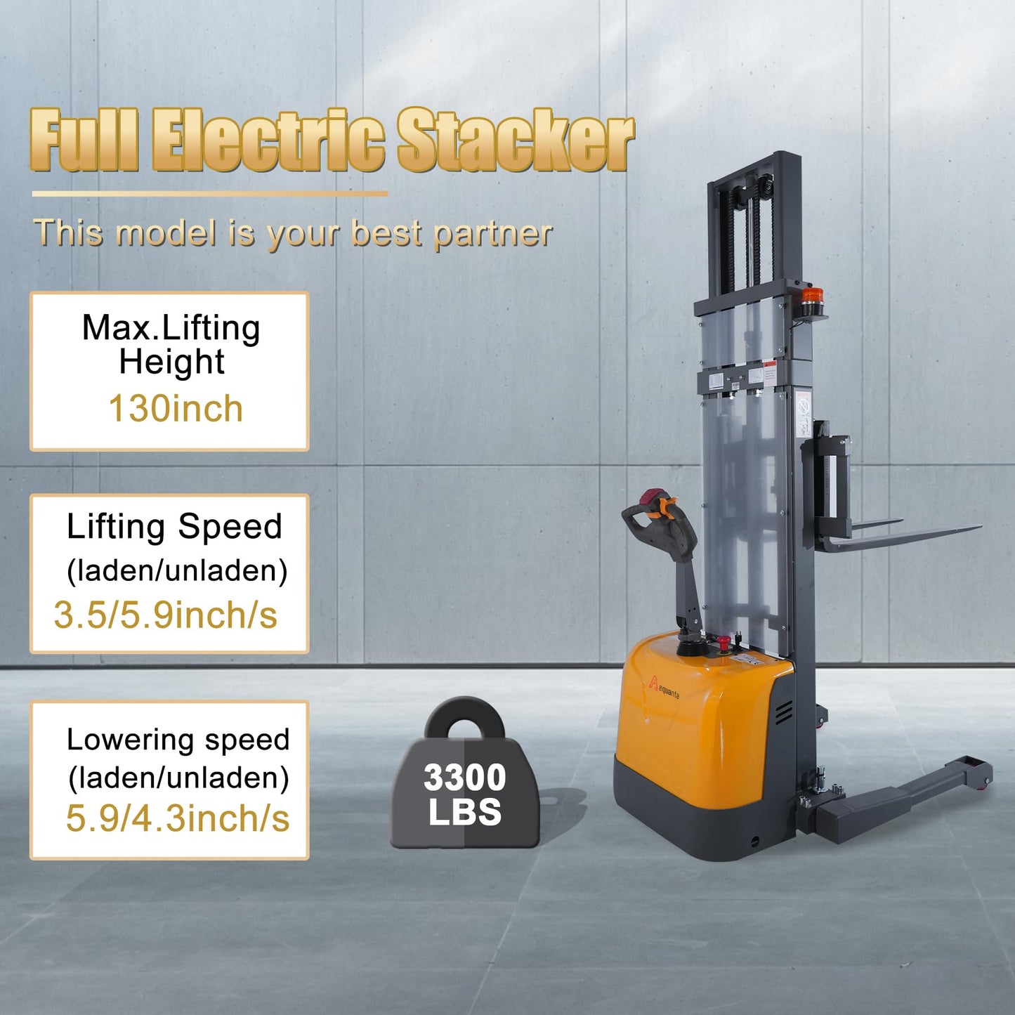 Aequanta Full Electric Pallet Stacker, 3300 Lbs Capacity 130" Max Lifting Height Electric Drive and Lift Stacker, with Straddle Legs Adjustable Forks