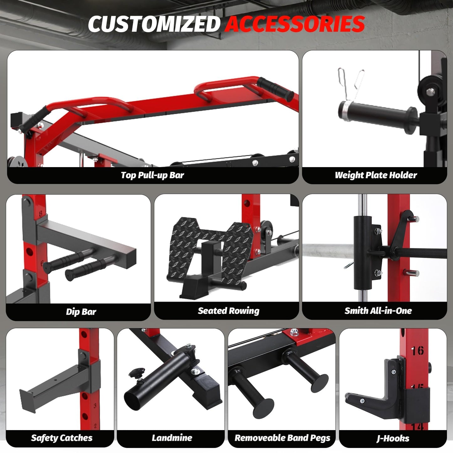 GAOMON Smith Machine Squat Rack, Heavy Duty Strength Training Power Cage with Pulley System, Dip Bar, LAT Pulldown, Multifunctional Workout Machine for Home Gym, Studio, Red