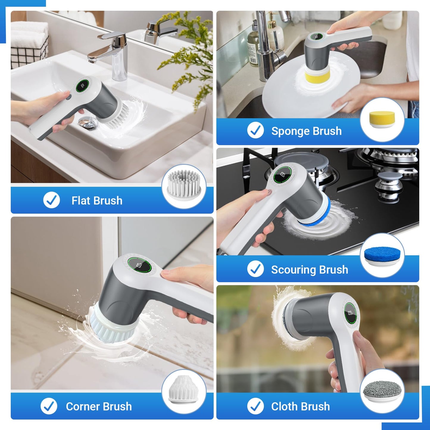 PUFTEM Electric Spin Scrubber, Cordless Shower Scrubber with Battery Level Display, 2 Speeds Electric Scrubber for Cleaning with 6 Replaceable Heads, Cleaning Brush for Bathroom/Sink/Window (Gray)