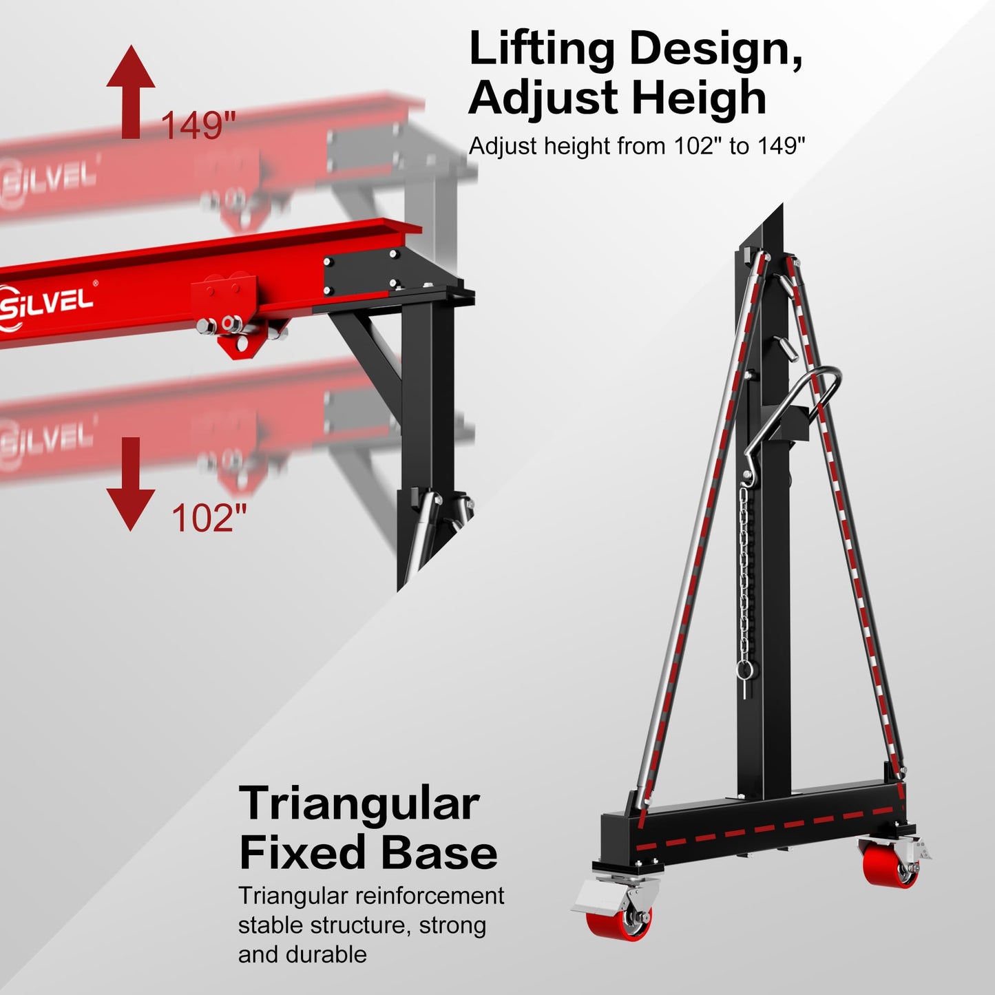 SILVEL 3 Ton 6600Lbs Gantry Crane, 8.53FT Maximum Capacity Width, 8.53-12.47FT Adjustable Height, Portable Shop Lift Hoist with 3 Ton Manual Trolley for Factories, Warehouses, Garage, Red
