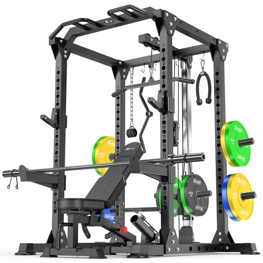 Power Rack Power Cage Multi-Function Squat Rack with Cable Crossover System Selectable More Training Attachment Power Rack for Garage & Home Gym (Black, D Set L01+Weight Bench+（Pole+Color BP） 258LBS)