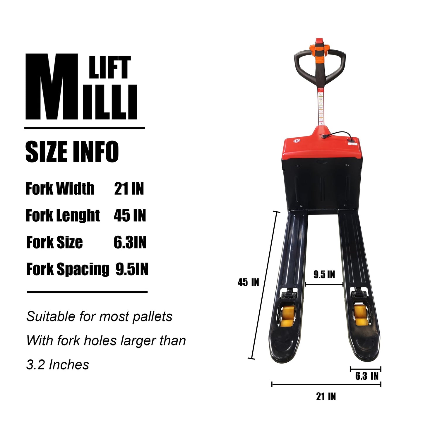 Millilift Electric Pallet Jack, 3300LB Capacity,Heavy-Duty Forks 45"x21", Powerful Drive Motor, 24V 40AH LiFePO4 Battery with Built-in Charger, 2–4H Runtime, for Warehouse,Logistics Company