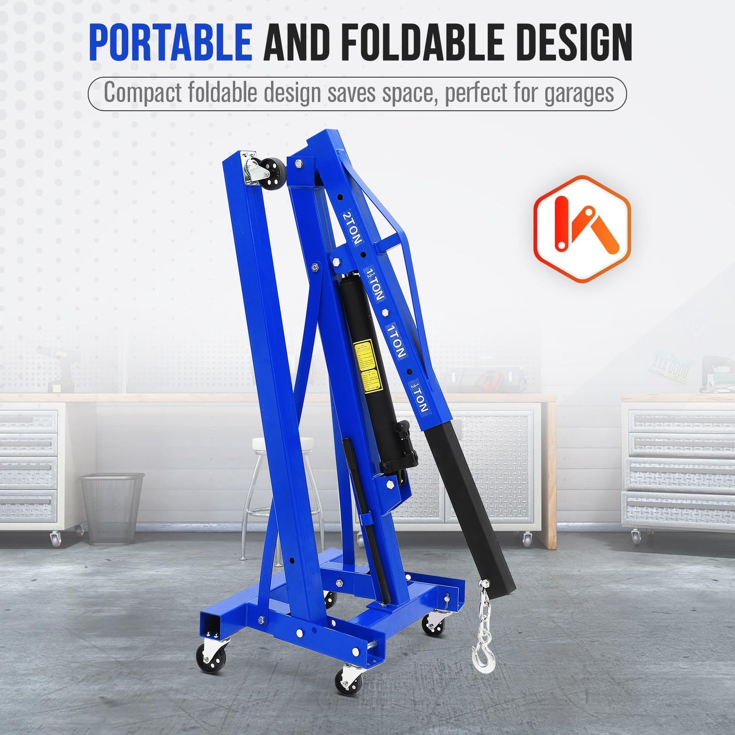 Hydraulic Engine Hoist, 2-Ton Folding Portable Shop Crane Lift, 4400 Lbs Capacity with Telescopic Boom and 6 Casters, Foldable Mobile Cherry Picker for Garage Workshop Warehouse, Blue, Heavy-Duty