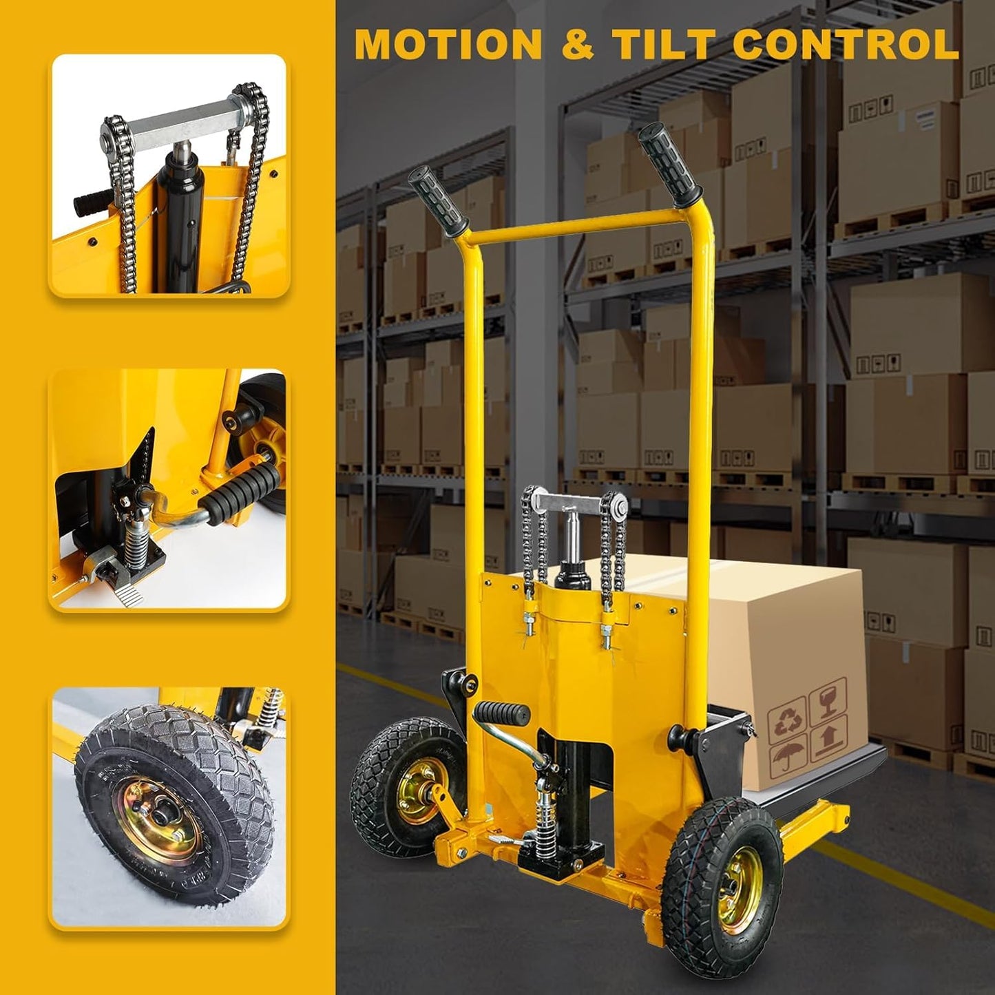 Legines Foldable Hydraulic Material Lift Manual Lift Stacker Forklift Pallet Stakcer 450 lbs Capacity 36" Lift Height with Adjustable Forks and Fixed Legs (Pneumatic Tire Wheel)