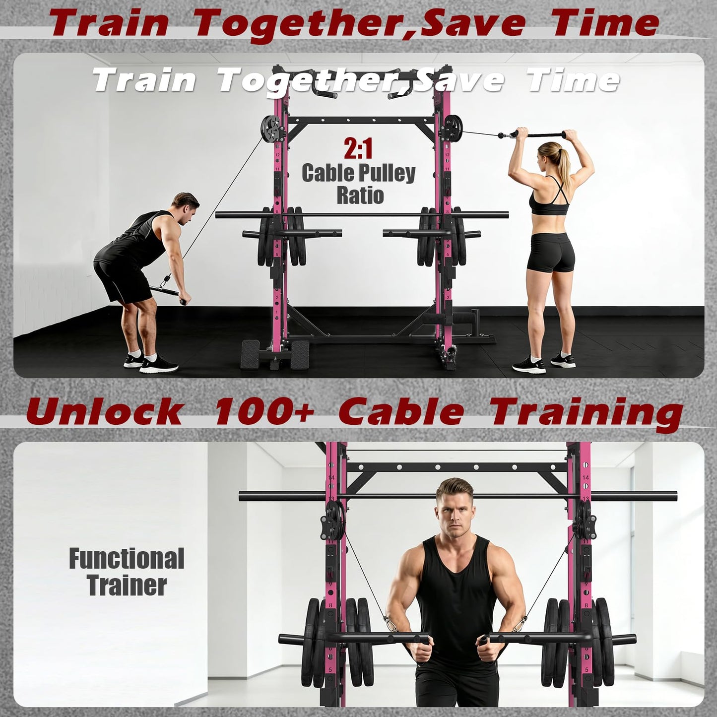 ONNO Smith Machine, 2200lbs Squat Rack with LAT-Pull Down & Cable Crossover System, Multi-Function Power Cage for Home Gym with Leg Hold-Down Attachment Pink