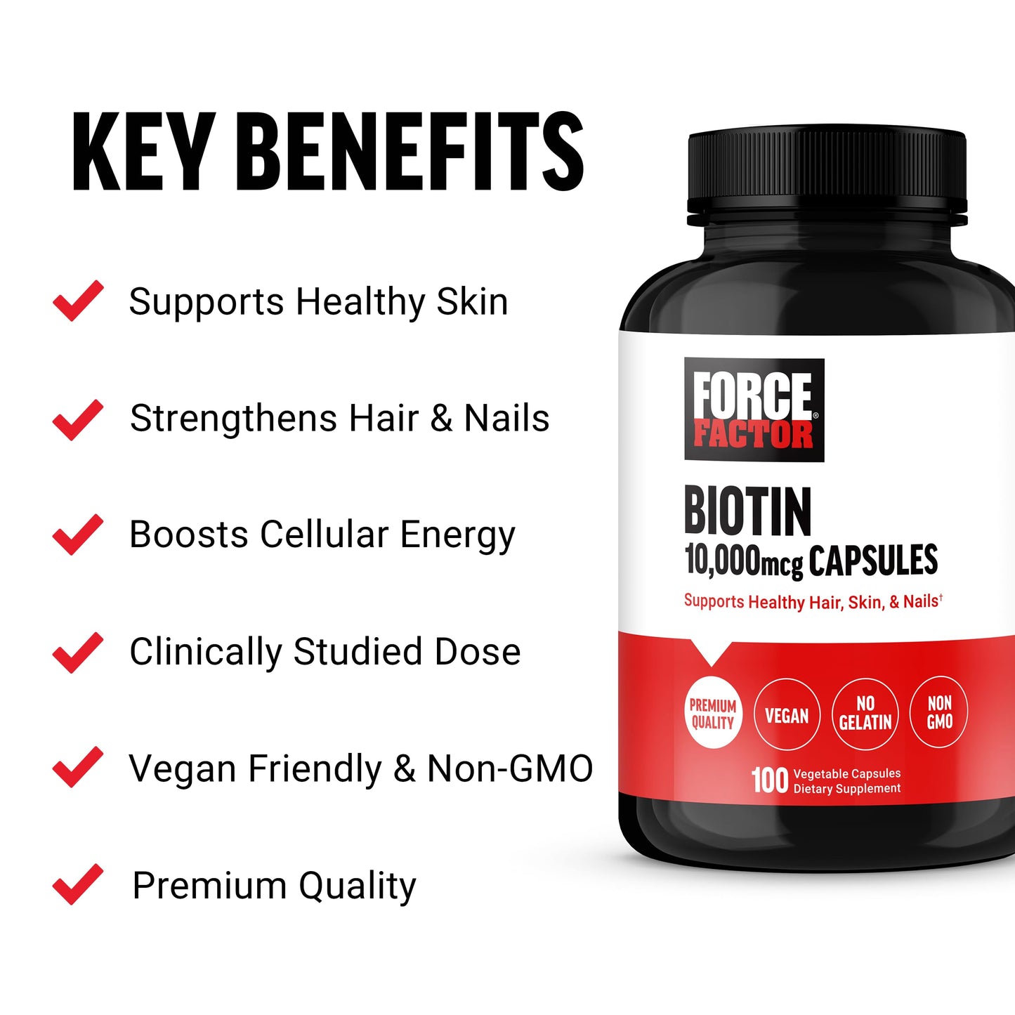 Force Factor Biotin 10000mcg, Biotin Supplement for Healthier Hair, Skin, and Nails, Hair Growth Supplement with Vitamins, Vegan, Non-GMO, 100 Vegetable Capsules