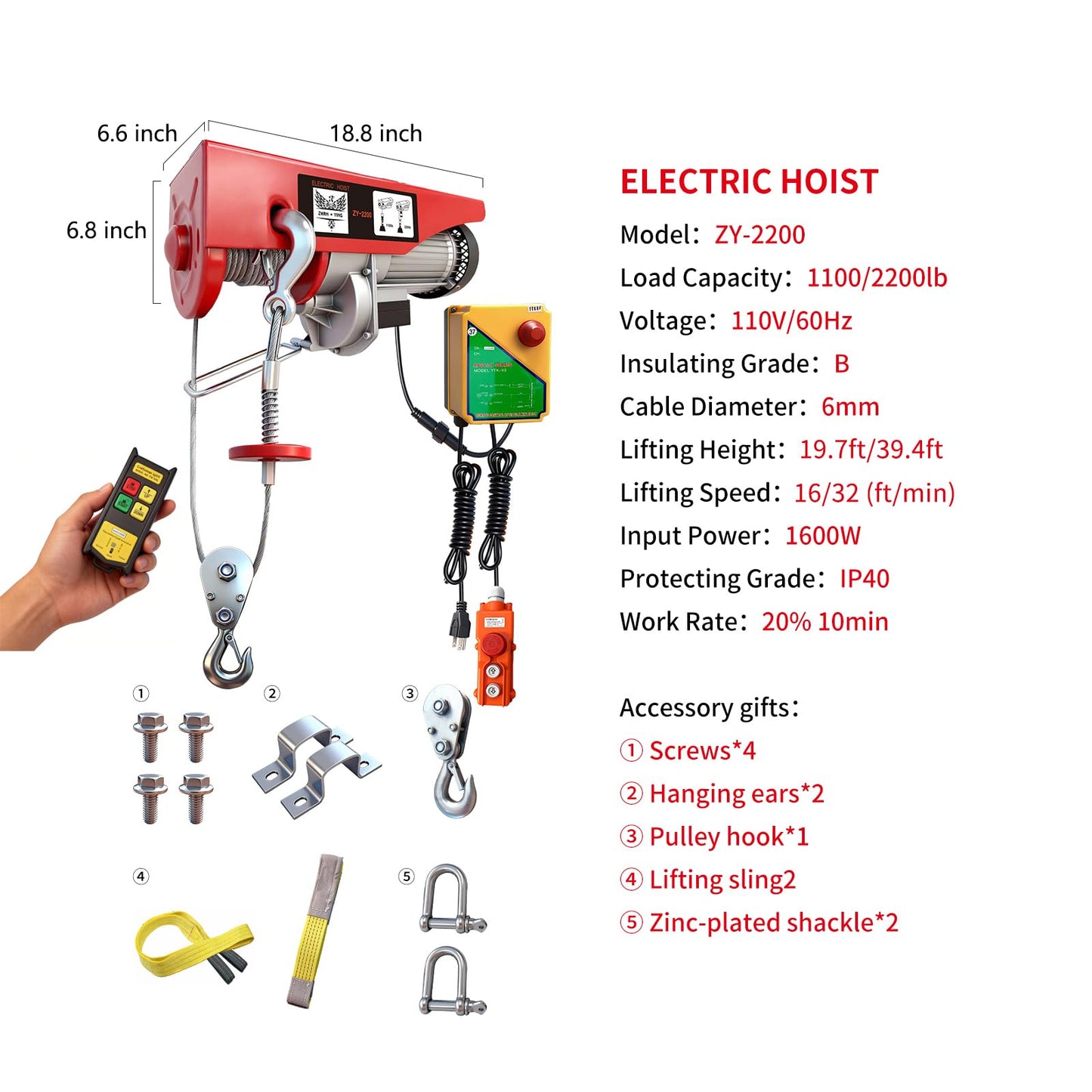 Electric Hoist, 2200 lbs 110V Electric Winch with 328 ft Wireless & 14 ft Wired Remote Control, Single/Double Slings, 40 ft Single Cable Lifting Height, Lift Hoist for Garage Warehouse Factory