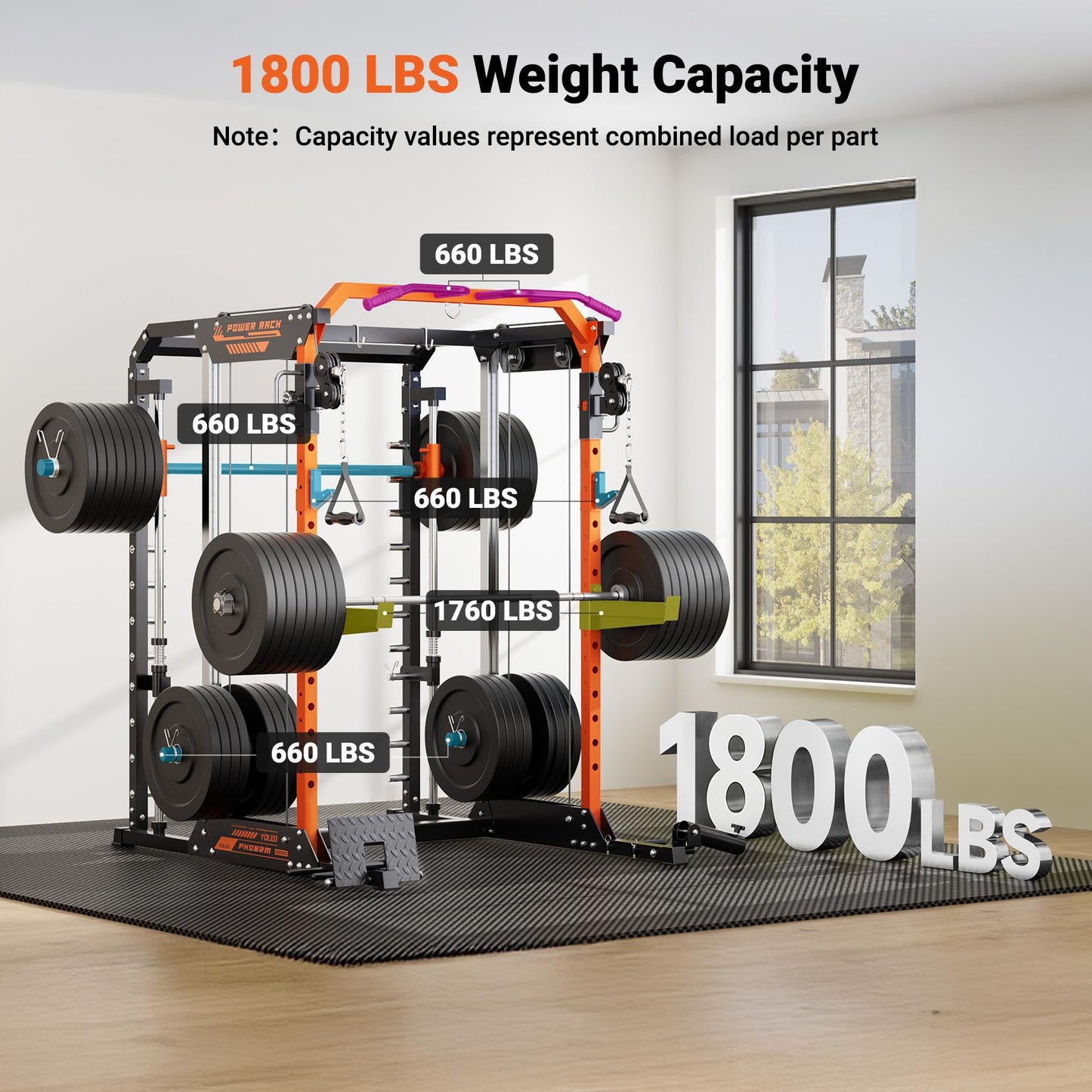 YOLEO Smith Machine with Independent Dual-Pulley System, 1700LBS Adjustable Cable Crossover Squat Rack, Multi-Functional Power Cage for Home Gym with More Workout Equipment LAT Pulldown Bar & Dip Bar