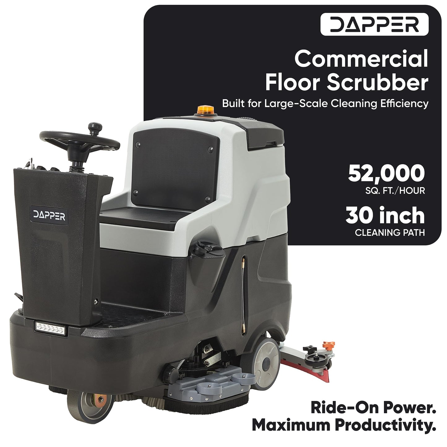 Battery Powered Ride-On Commercial Floor Scrubber Machine, 30" Brush, 39" Squeegee Width, 24 gal Solution Tank, 25 gal Recovery Tank, 5 hr Use 8 hr Charge, 180 RPM, 52,000 Sqft/H, Batteries Included