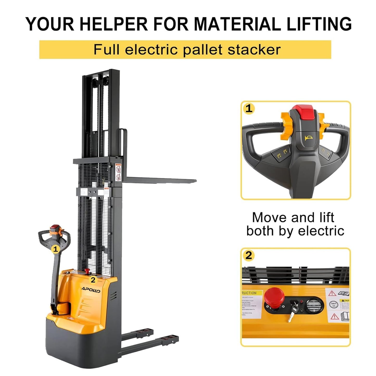 APOLLOLIFT Fully Powered Drive and Lift Electric Stacker 2640 lbs Capacity Fixed Legs 118" Lifting