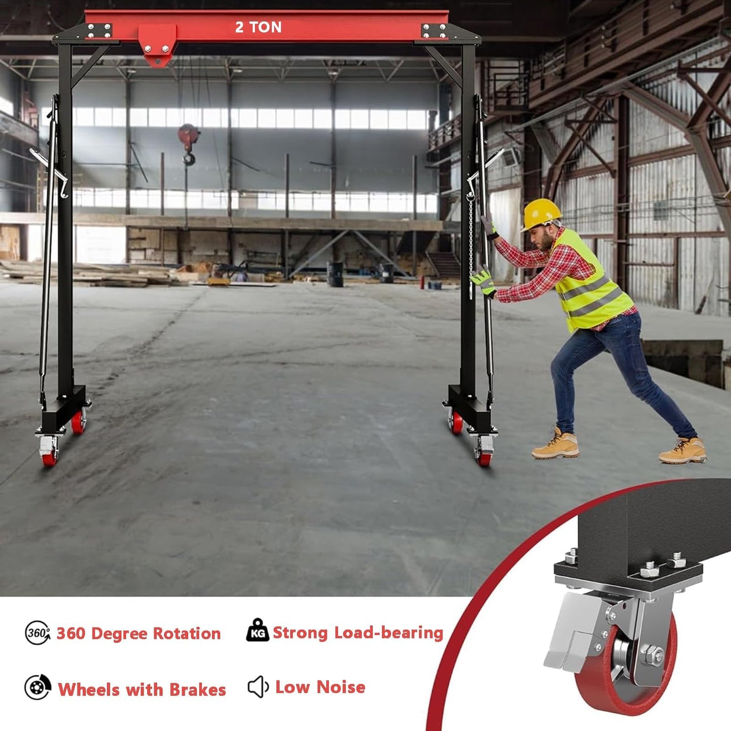 2 Ton Adjustable Height Gantry Crane with Manual Trolley, Hooks and Shackles - 4400 LBS Heavy Duty Steel Shop Crane with Locking Casters for Workshop, Garage, Warehouse