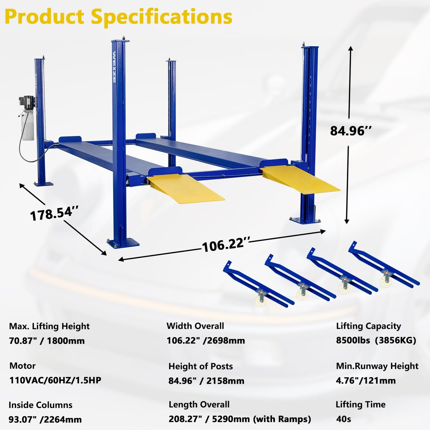 WEIZE 8500LBS 4 Post Vehicle Lift with Moving Casters, 110V/60Hz 1.5 HP Motor, Single Point Release, 71'' Max Lifting Height Portable 4 Post Auto Car Lift for Home Garage, Auto Shop, Vehicle Parking