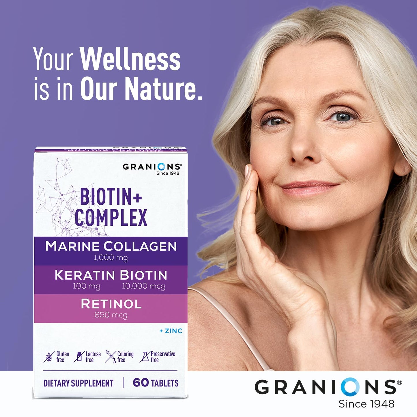 Biotin Collagen Keratin Supplement Hair Growth Tablets – Biotin 10000mcg, Marine Collagen Peptides, Keratin, Retinol, Zinc, Vitamin B6 - Hair, Skin and Nails Complex for Women and Men - 60 Tablets