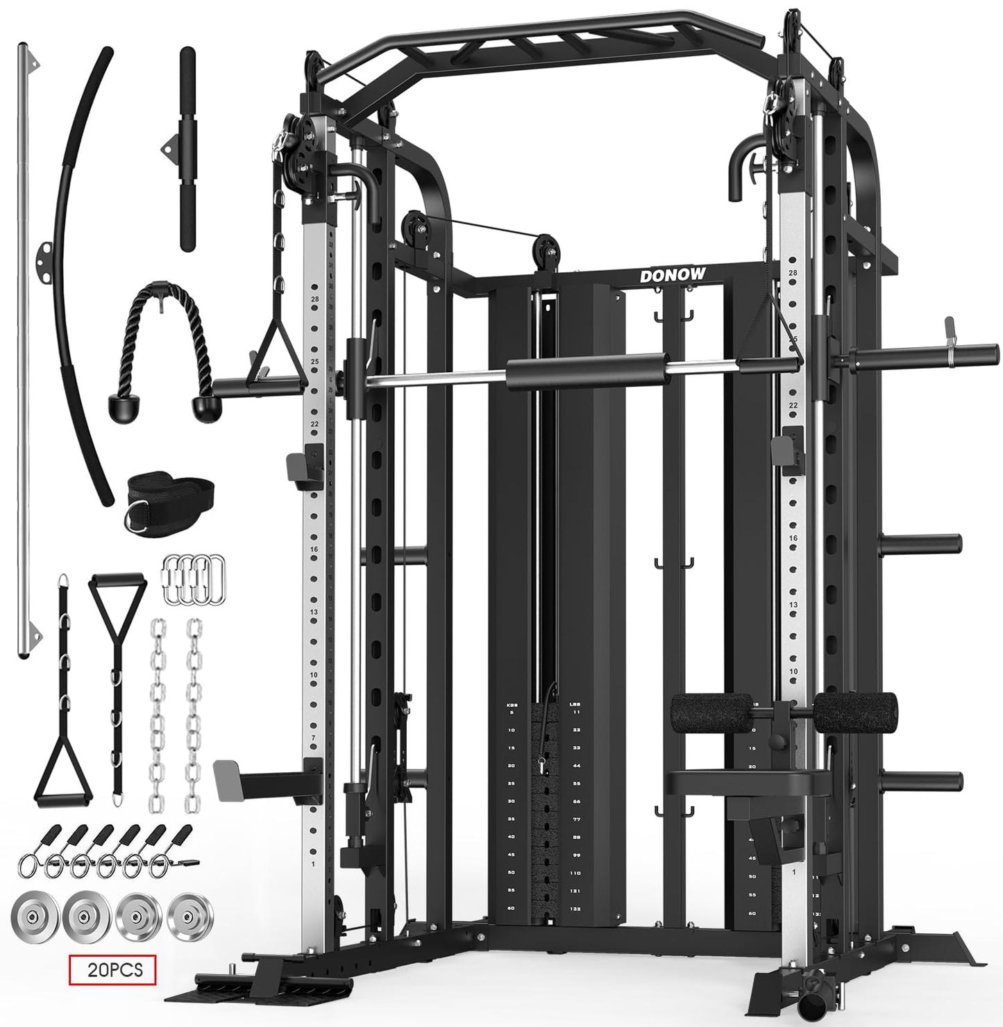 DONOW Smith Machine with Weight Stacks, Multi Function Home Gym System Training Power Cage Squat Rack Dual Cable Crossover Machine All in One