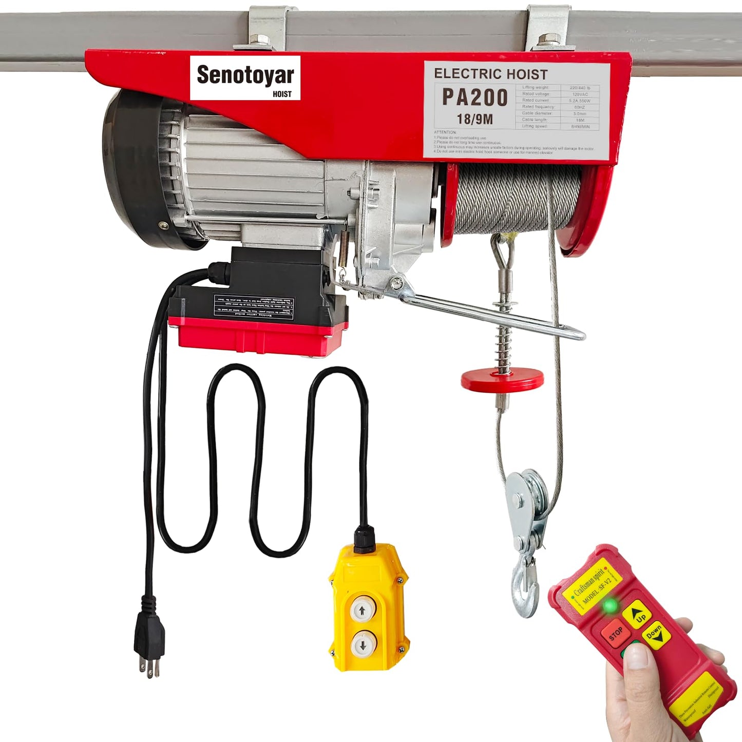 Electric Hoist 2 in 1-440lbs Electric Hoist Winch with 98ft Wireless Control&Wired Remote Control,110v Electric Hoist 59ft/29.5ft Lifting Height for Garage Warehouse Factory,Single/Double Slings